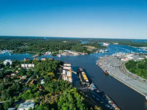 Aerial view of Turku and Aura River with ships and shipyard