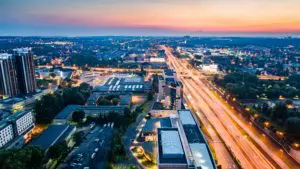 Aerial drone view on Katowice centre at night