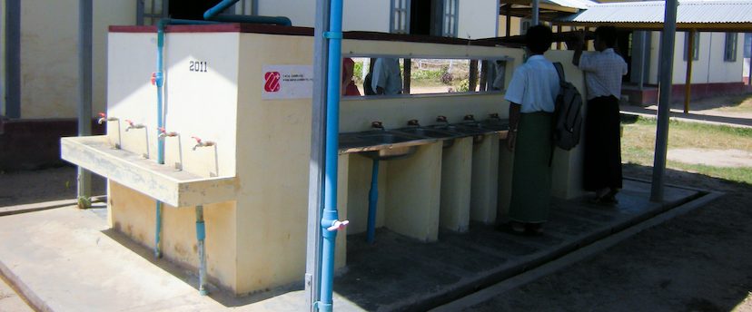 Photo: Antoine Delepiere. Image shows outdoor hand-washing facilities at a school in Myanmar. 