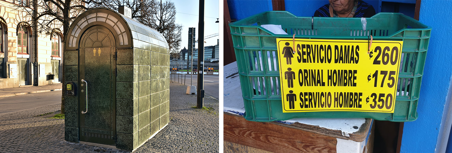 2 Images showing chargeable toilets: Stockholm, Sweden requiring payment by credit card and San Jose, Costa Rica, charging different fees for women and men